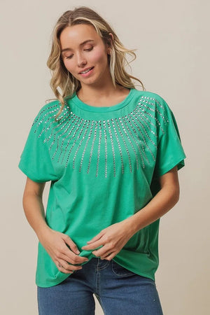 BiBi Rhinestone Beaded Short Sleeve Top - StyleLure