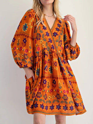 Bohemian Floral Print Long Sleeve Mini Dress - StyleLure