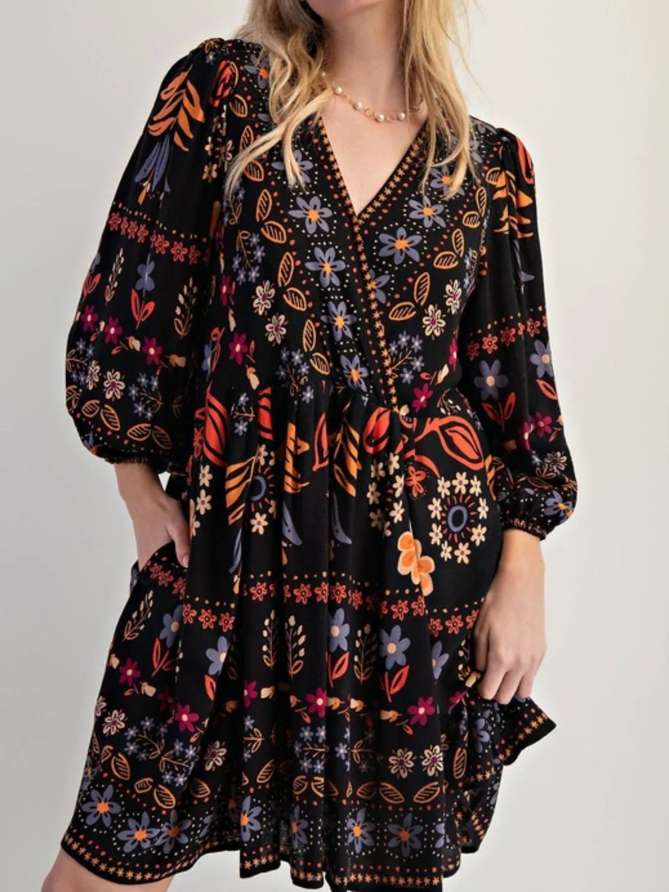 Bohemian Floral Print Long Sleeve Mini Dress - StyleLure
