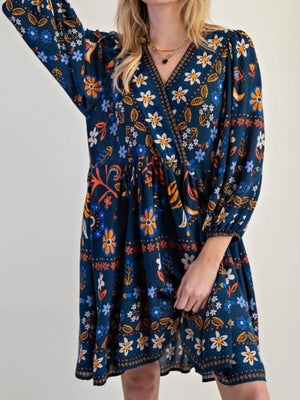 Bohemian Floral Print Long Sleeve Mini Dress - StyleLure