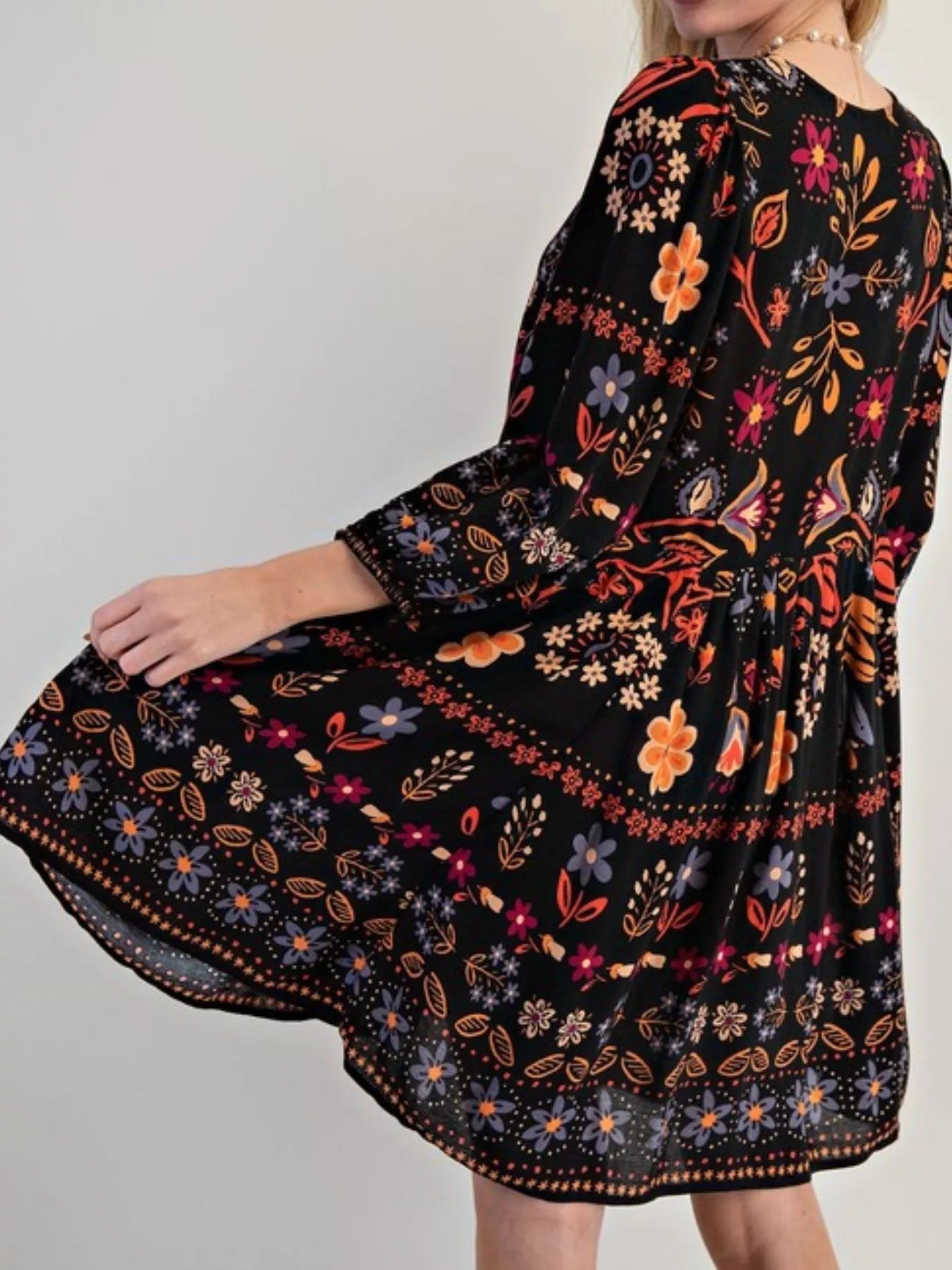 Bohemian Floral Print Long Sleeve Mini Dress - StyleLure