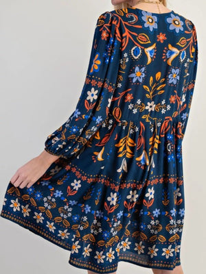 Bohemian Floral Print Long Sleeve Mini Dress - StyleLure