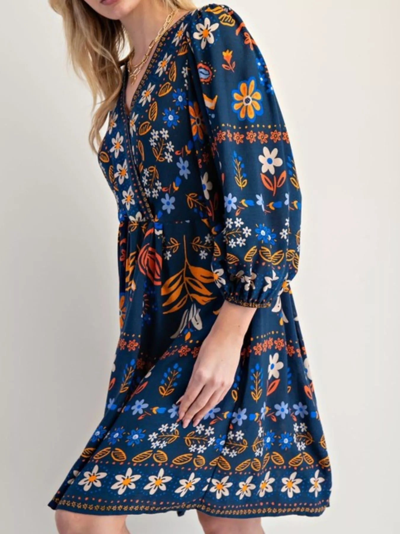 Bohemian Floral Print Long Sleeve Mini Dress - StyleLure
