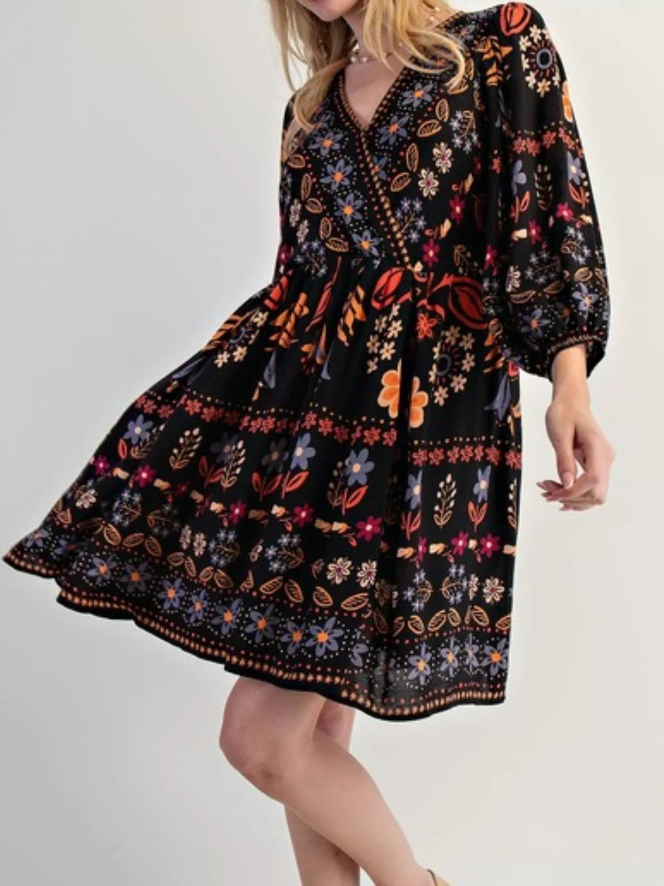 Bohemian Floral Print Long Sleeve Mini Dress - StyleLure