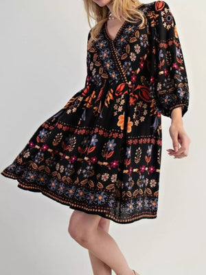 Bohemian Floral Print Long Sleeve Mini Dress - StyleLure