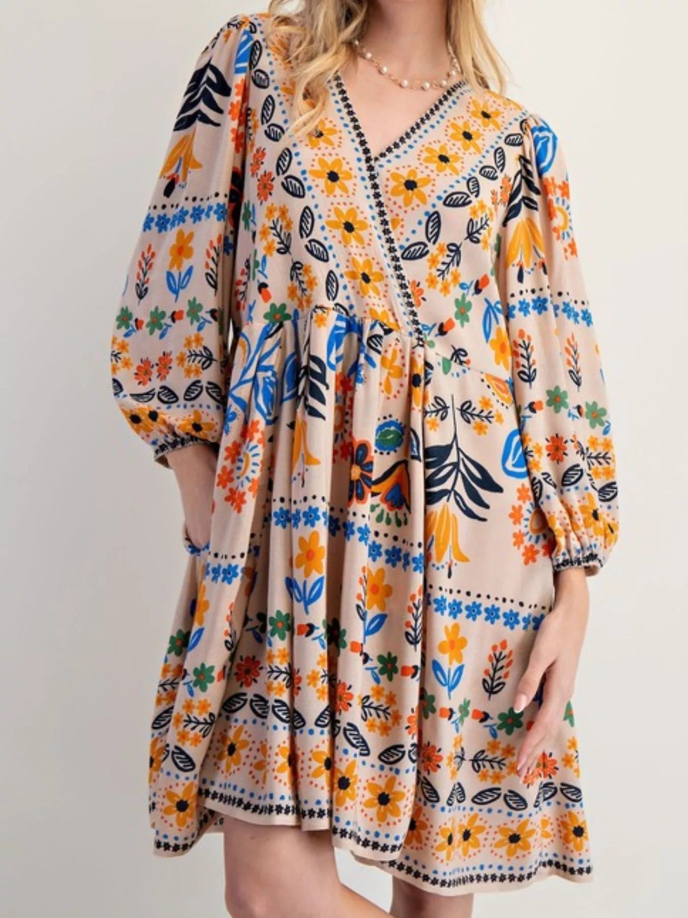 Bohemian Floral Print Long Sleeve Mini Dress - StyleLure