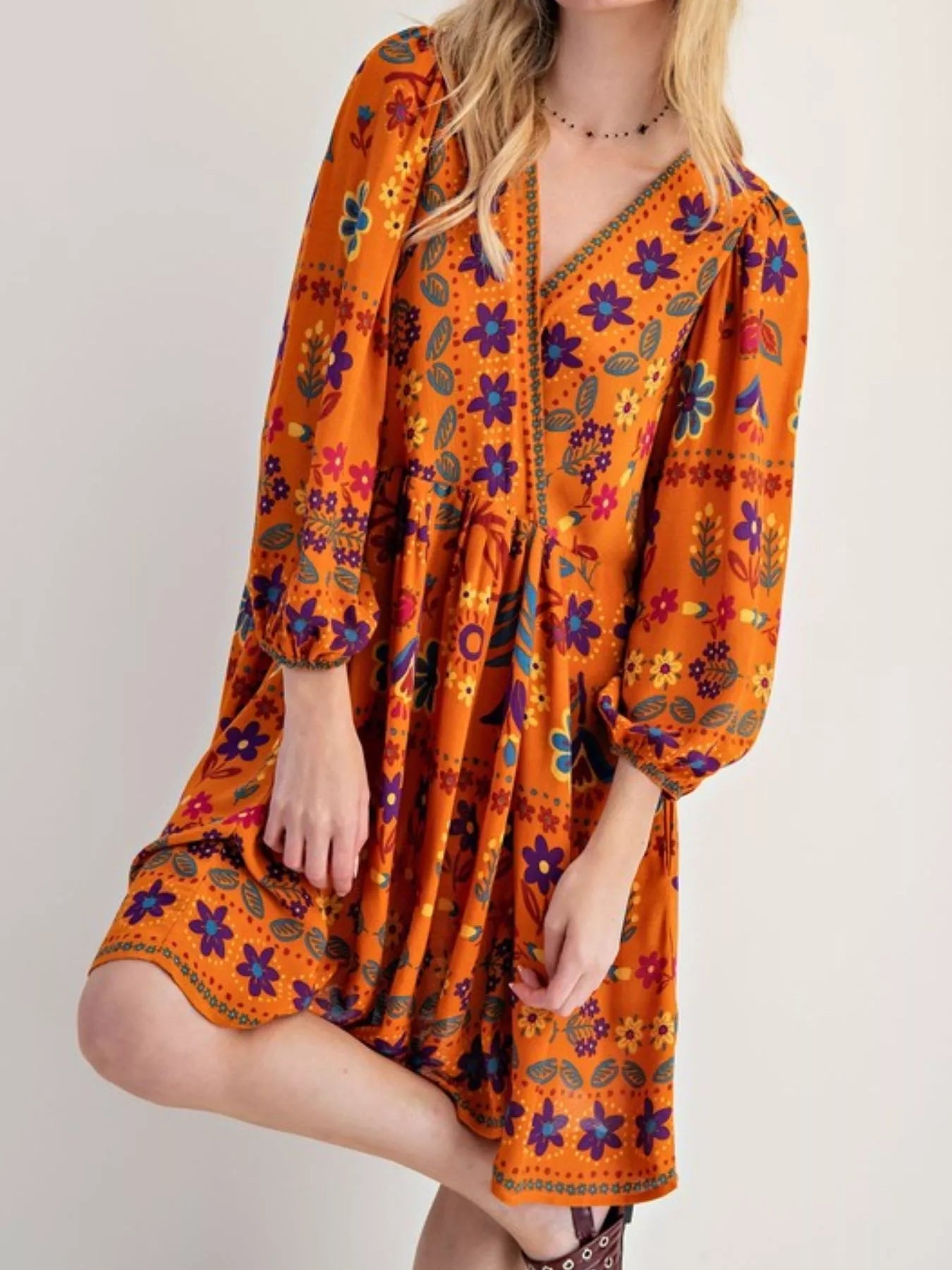 Bohemian Floral Print Long Sleeve Mini Dress - StyleLure