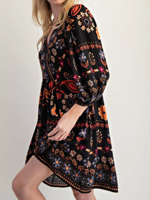 Bohemian Floral Print Long Sleeve Mini Dress - StyleLure