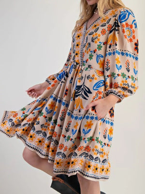 Bohemian Floral Print Long Sleeve Mini Dress - StyleLure