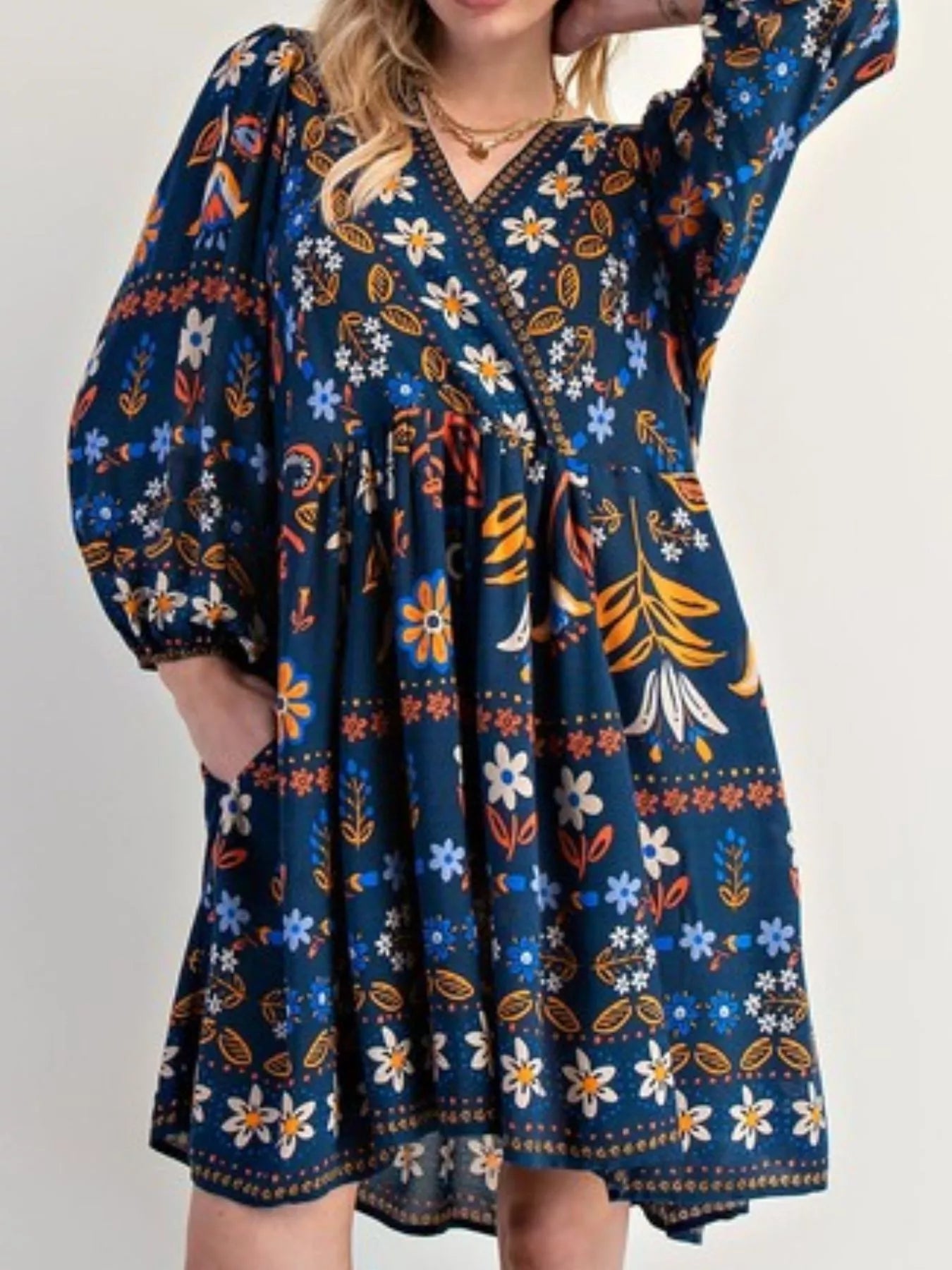 Bohemian Floral Print Long Sleeve Mini Dress - StyleLure
