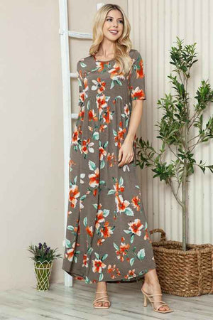 BOMBOM Floral Round Neck Short Sleeve Maxi Tee Dress - StyleLure