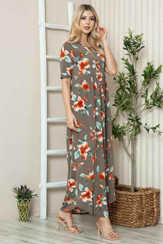 BOMBOM Floral Round Neck Short Sleeve Maxi Tee Dress - StyleLure