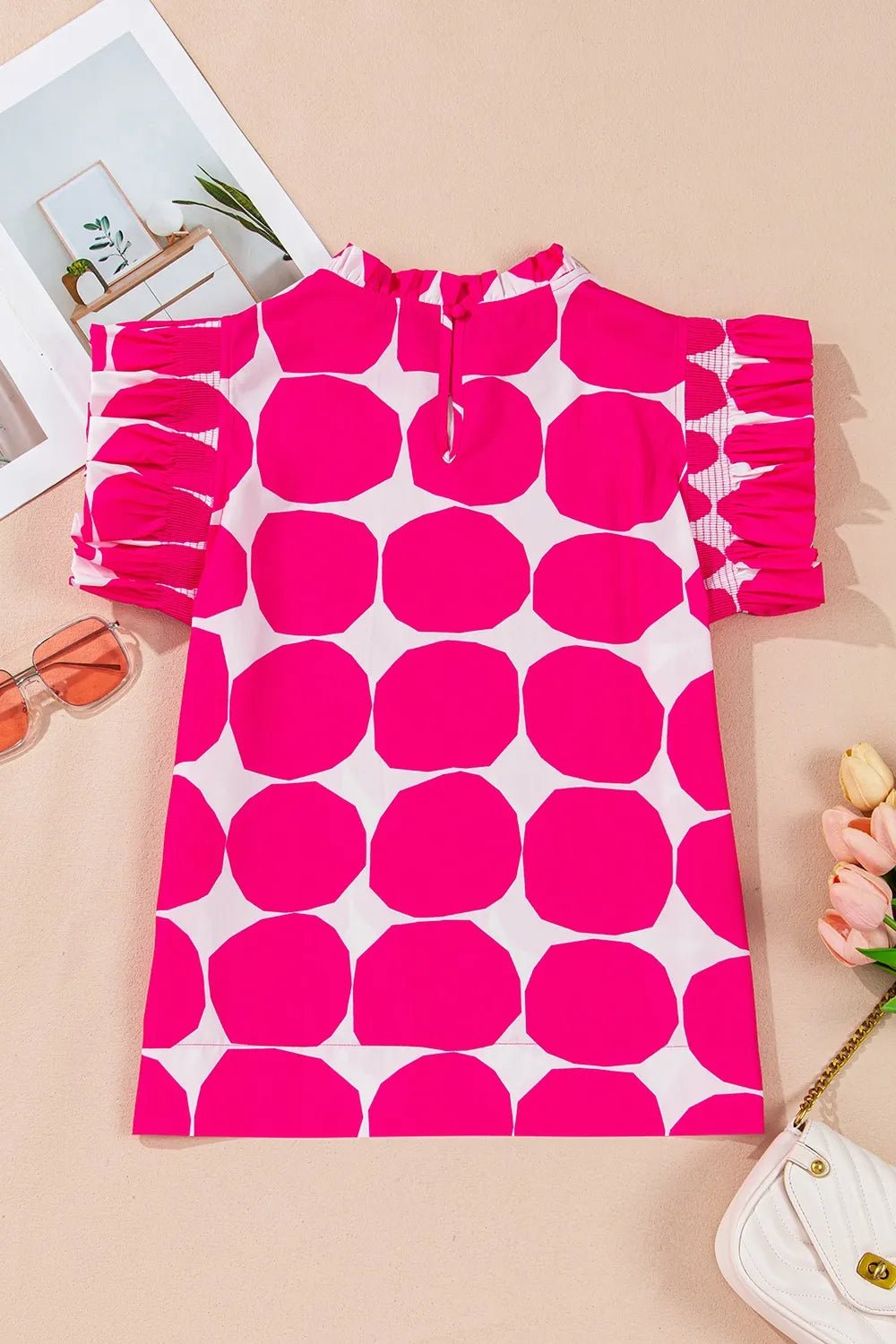 Bubblegum Pattern Frilled Collar Flutter Sleeve Top - StyleLure