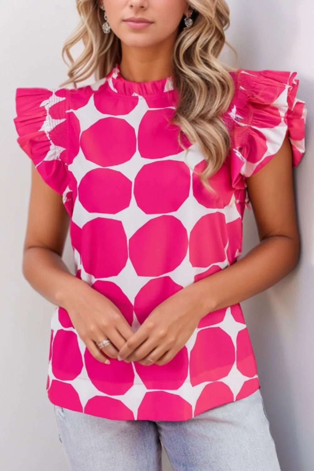 Bubblegum Pattern Frilled Collar Flutter Sleeve Top - StyleLure