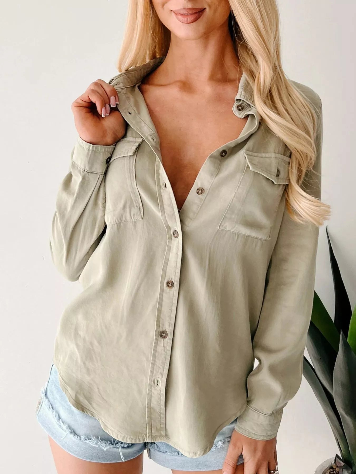 Button - Down Collared Neck Denim Shirt - StyleLure