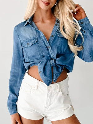 Button - Down Collared Neck Denim Shirt - StyleLure