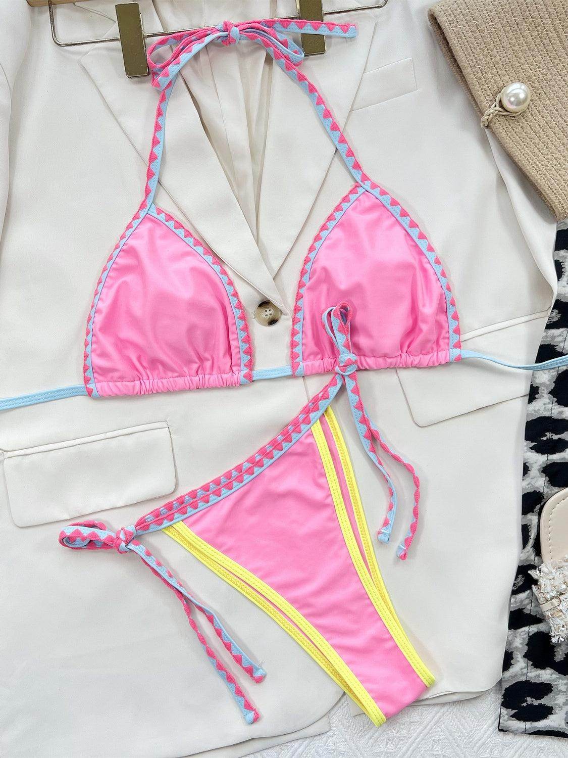 Contrast Trim Halter Neck Bikini Set - StyleLure