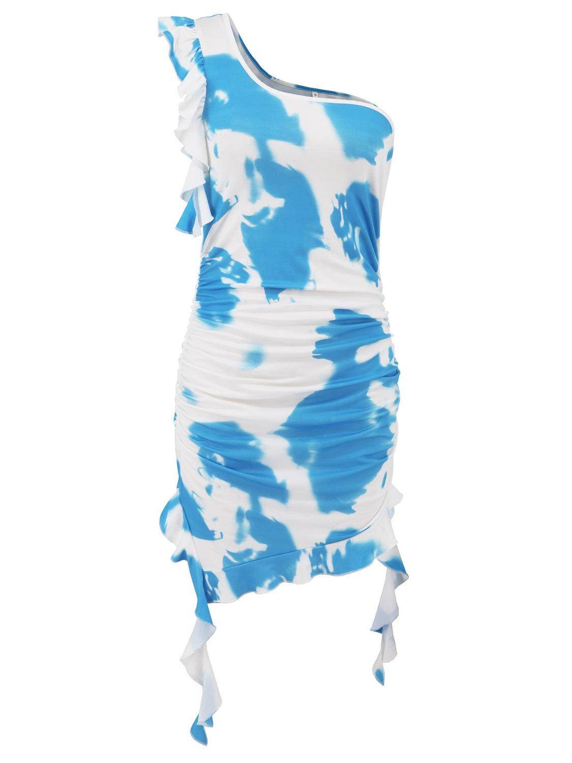 Ruffled Tie-Dye Single Shoulder Mini Dress - StyleLure