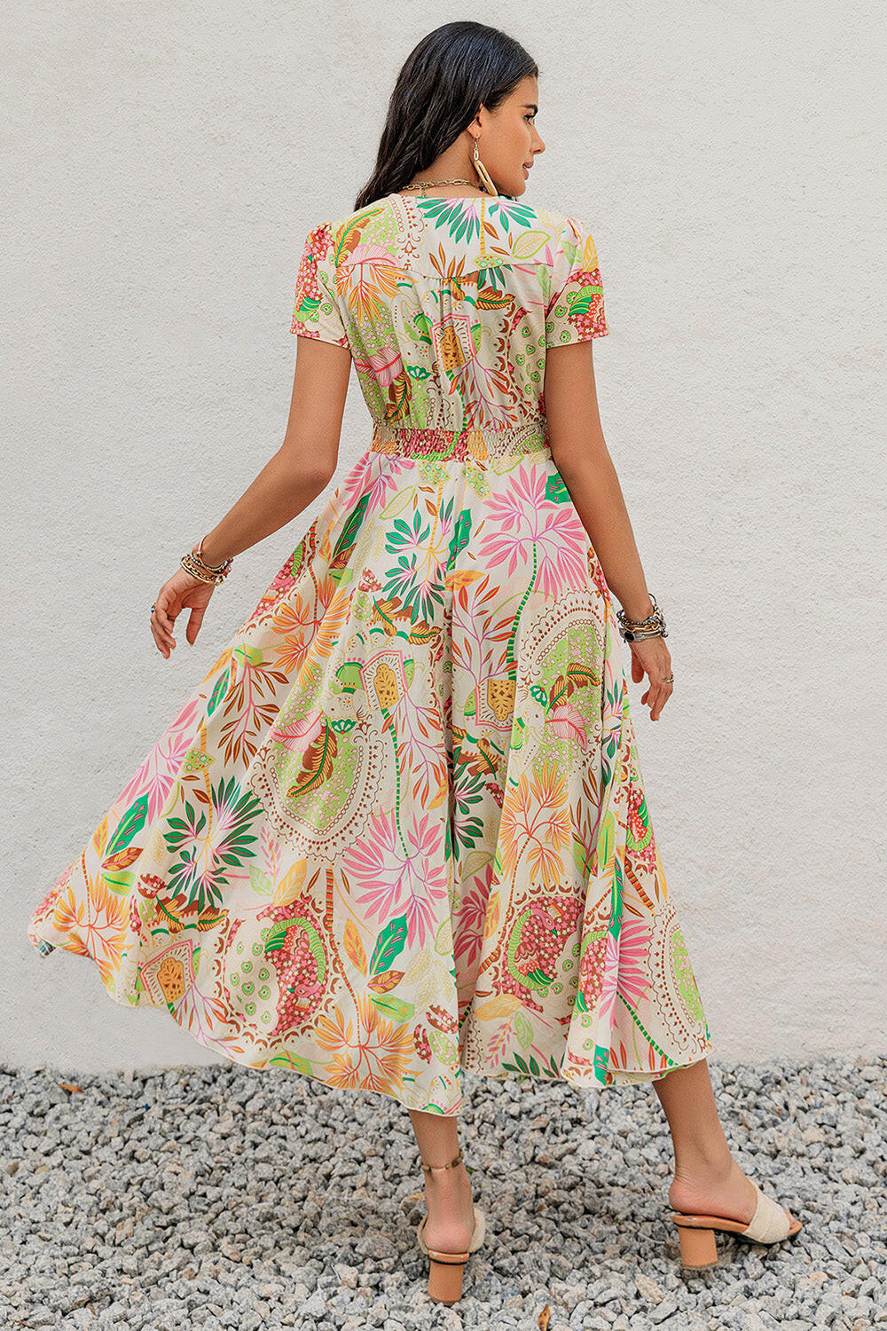 Printed V-Neck Short Sleeve Midi Dress - StyleLure