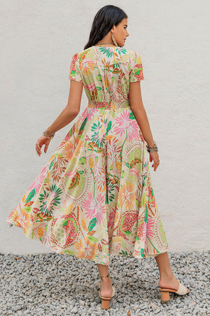 Printed V-Neck Short Sleeve Midi Dress - StyleLure