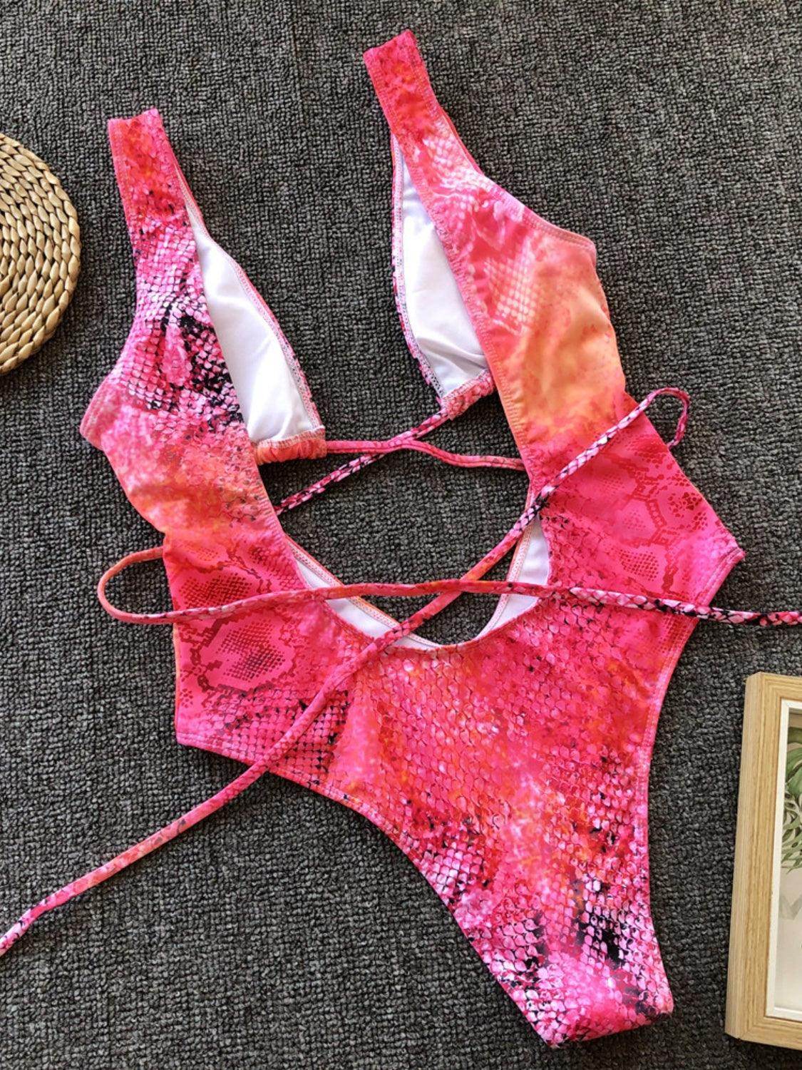 Lace-Up Backless Plunge One-Piece Swimwear - StyleLure