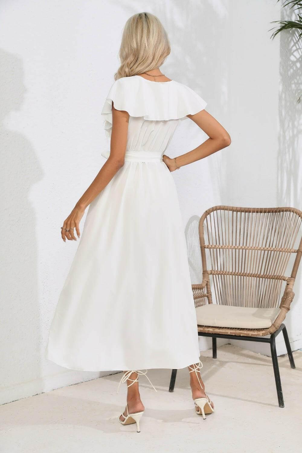 Ruffled Tied V-Neck Midi Dress - StyleLure