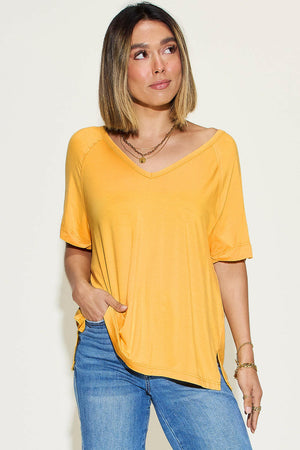 Basic Bae Full Size Bamboo Slit V-Neck Short Sleeve T-Shirt - StyleLure