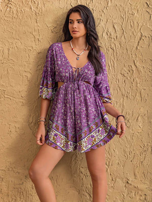 Tied Front Cutout Printed Romper - StyleLure