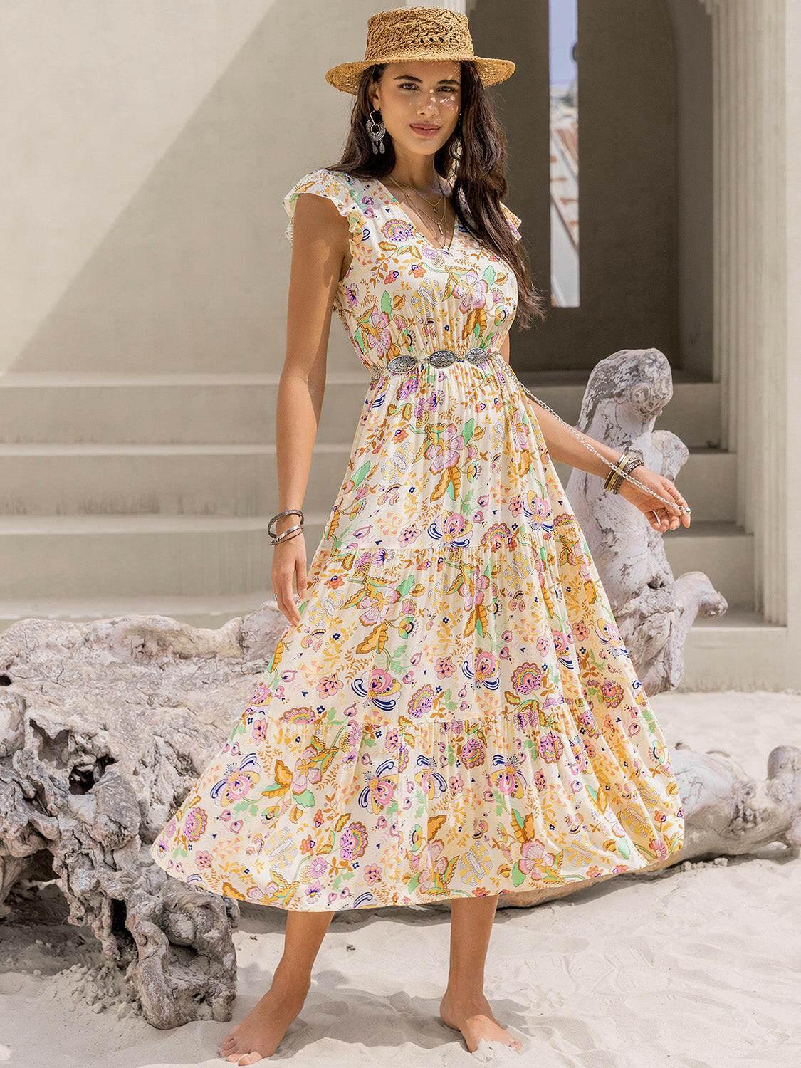 Ruched Printed Cap Sleeve Midi Dress - StyleLure
