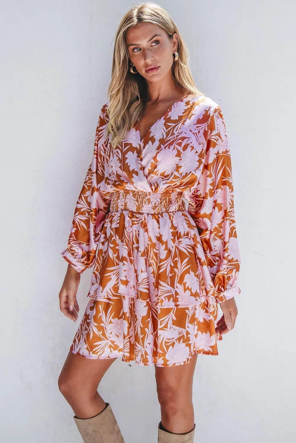 Smocked Printed Long Sleeve Mini Dress - StyleLure