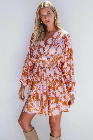 Smocked Printed Long Sleeve Mini Dress - StyleLure
