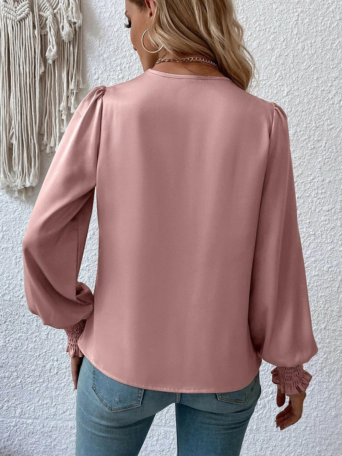 Surplice Smocked Lantern Sleeve Blouse - StyleLure