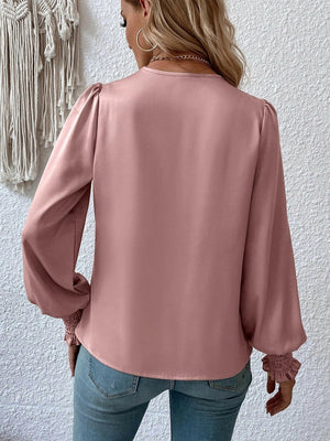 Surplice Smocked Lantern Sleeve Blouse - StyleLure