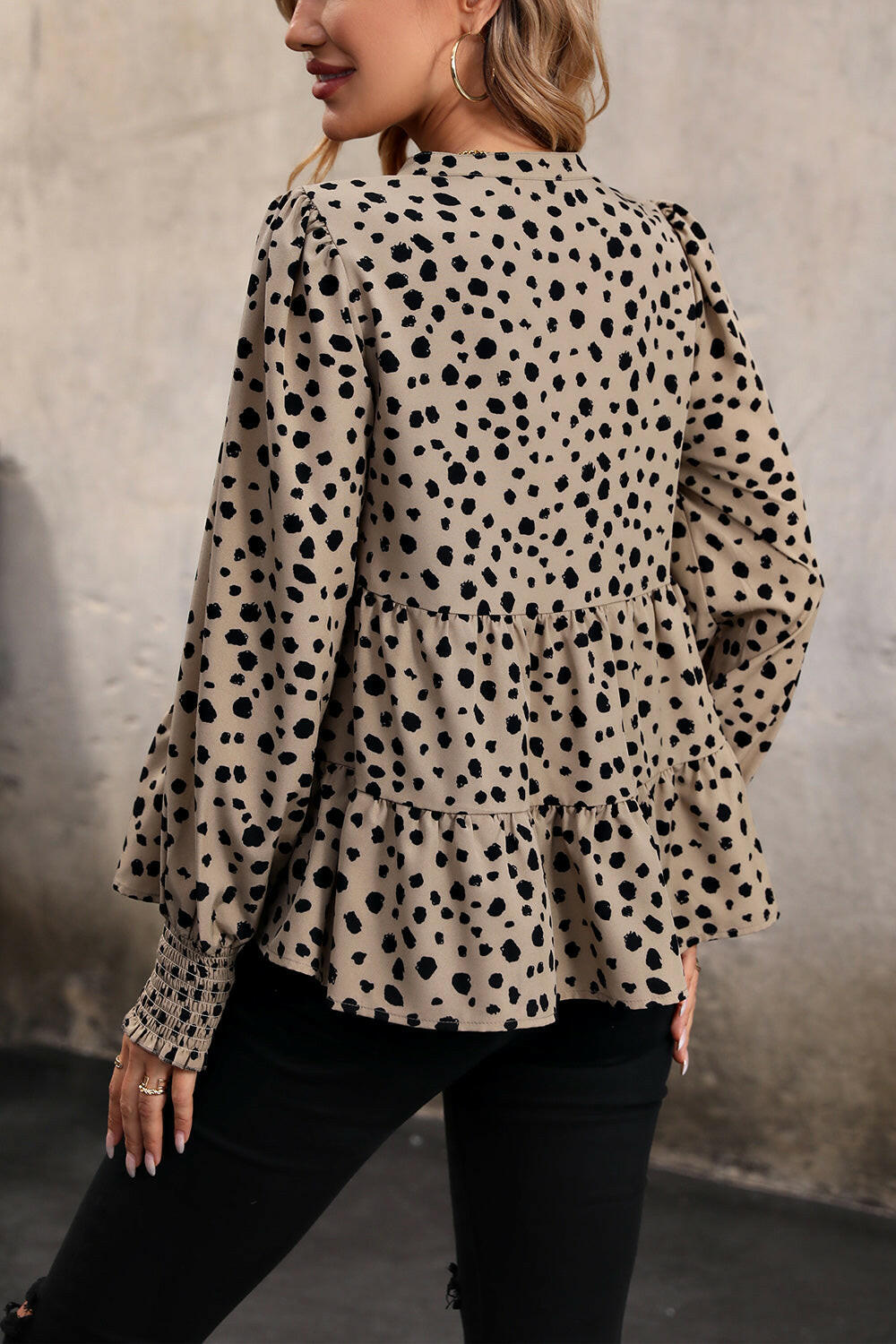 Perfee Notched Lantern Sleeve Tiered Top - StyleLure