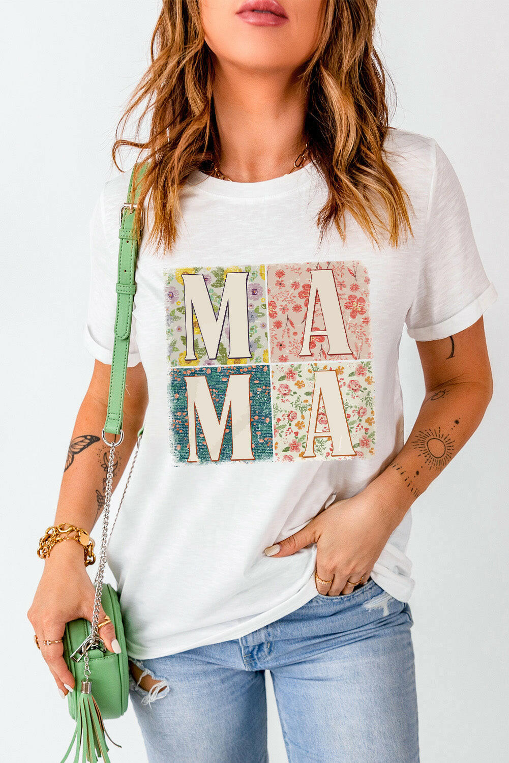 White MAMA round neck short sleeve t-shirt with floral block letters design, casual women's top