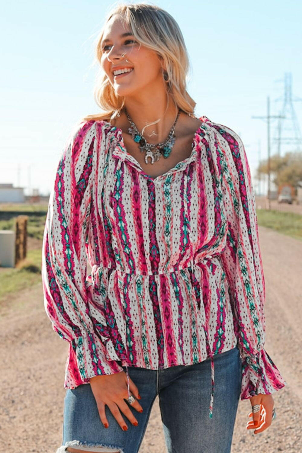 Multicolour Western Print Split Neck Peplum Blouse - StyleLure