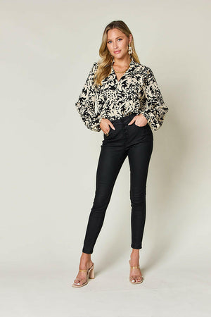 Double Take Full Size Printed Ruffle Trim Balloon Sleeve Shirt - StyleLure
