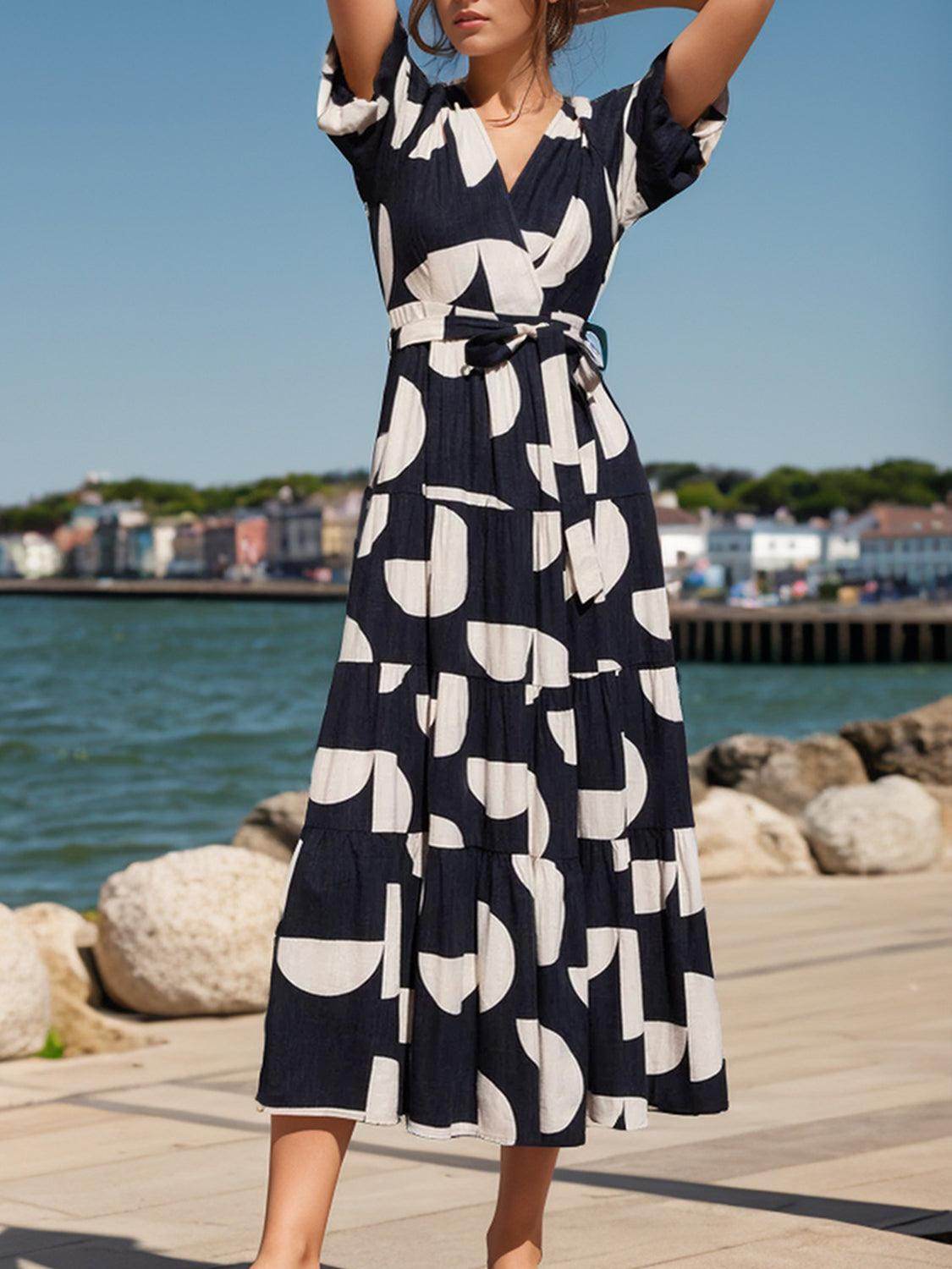 Tied Slit Printed Half Sleeve Midi Dress - StyleLure