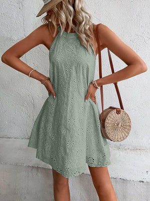 Eyelet Grecian Neck Mini Dress - StyleLure