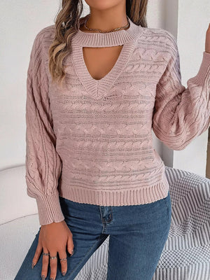 Cable - Knit Cutout Round Neck Sweater - StyleLure