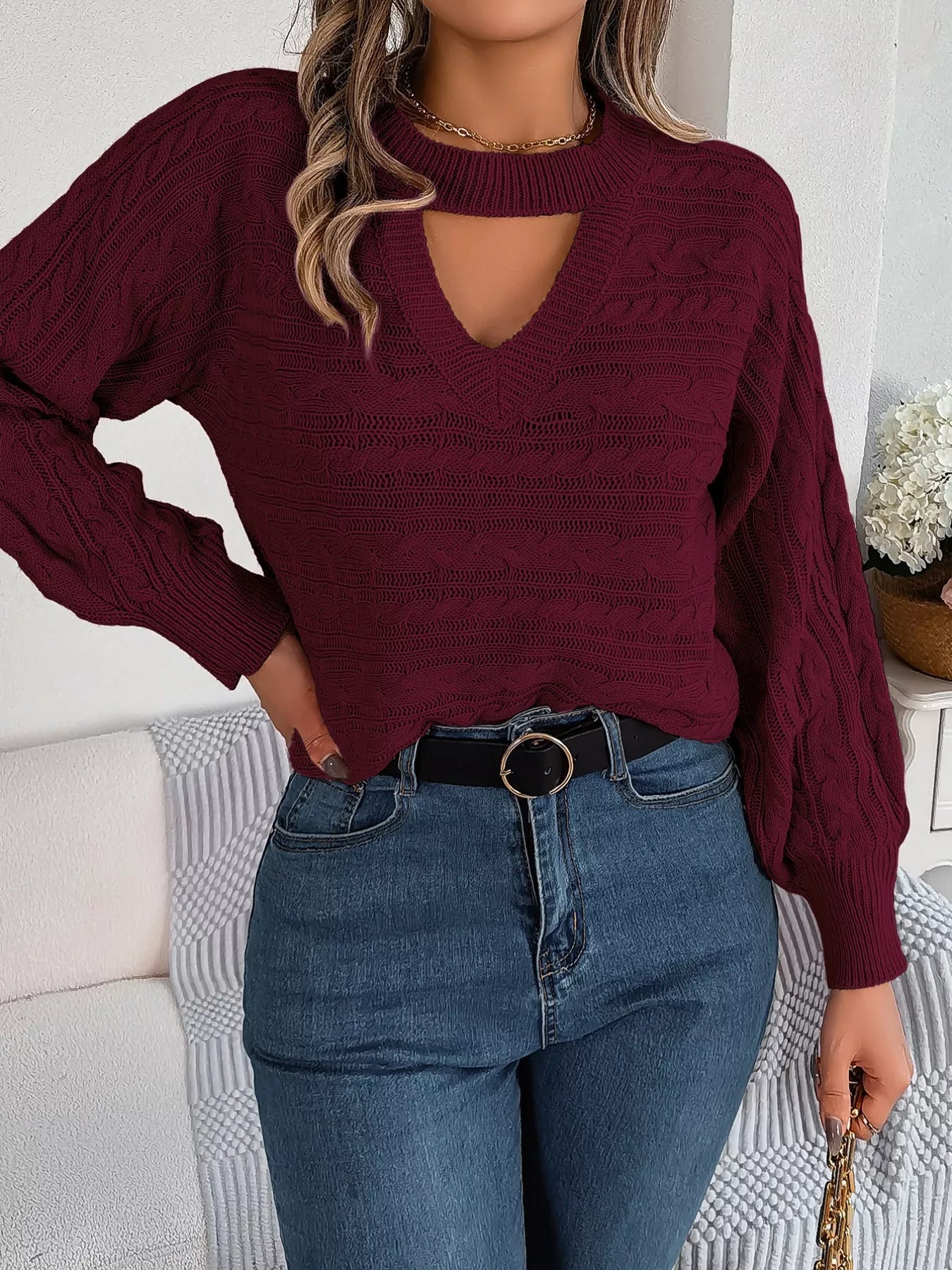 Cable - Knit Cutout Round Neck Sweater - StyleLure