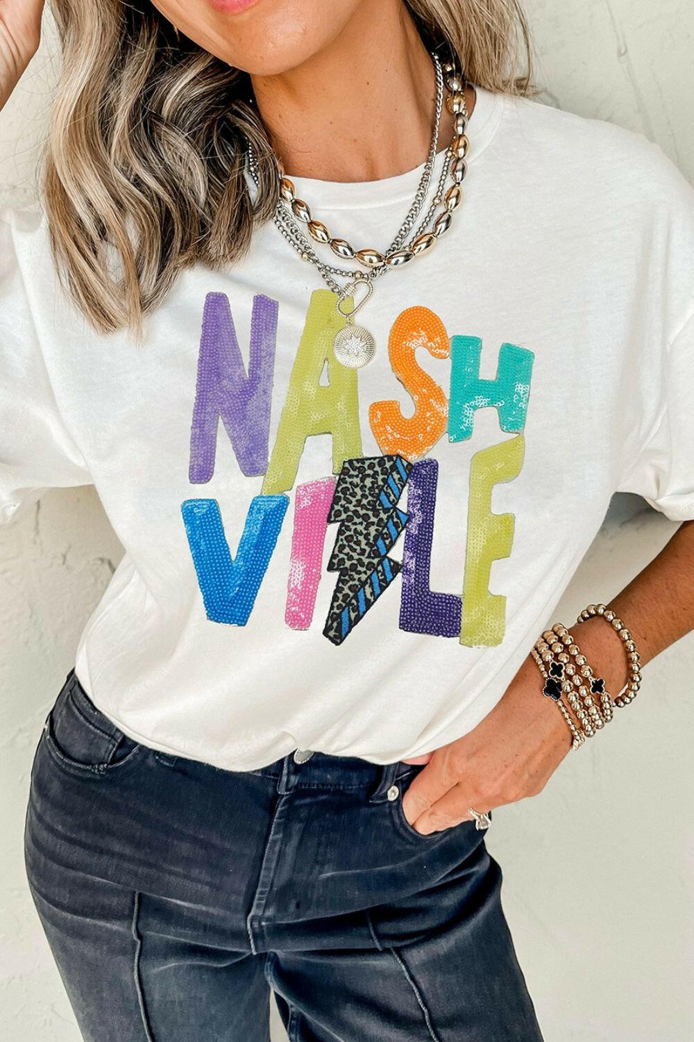 White Lightening NASHVILLE sequin round neck t-shirt with multicolor letters and lightning bolt detail
