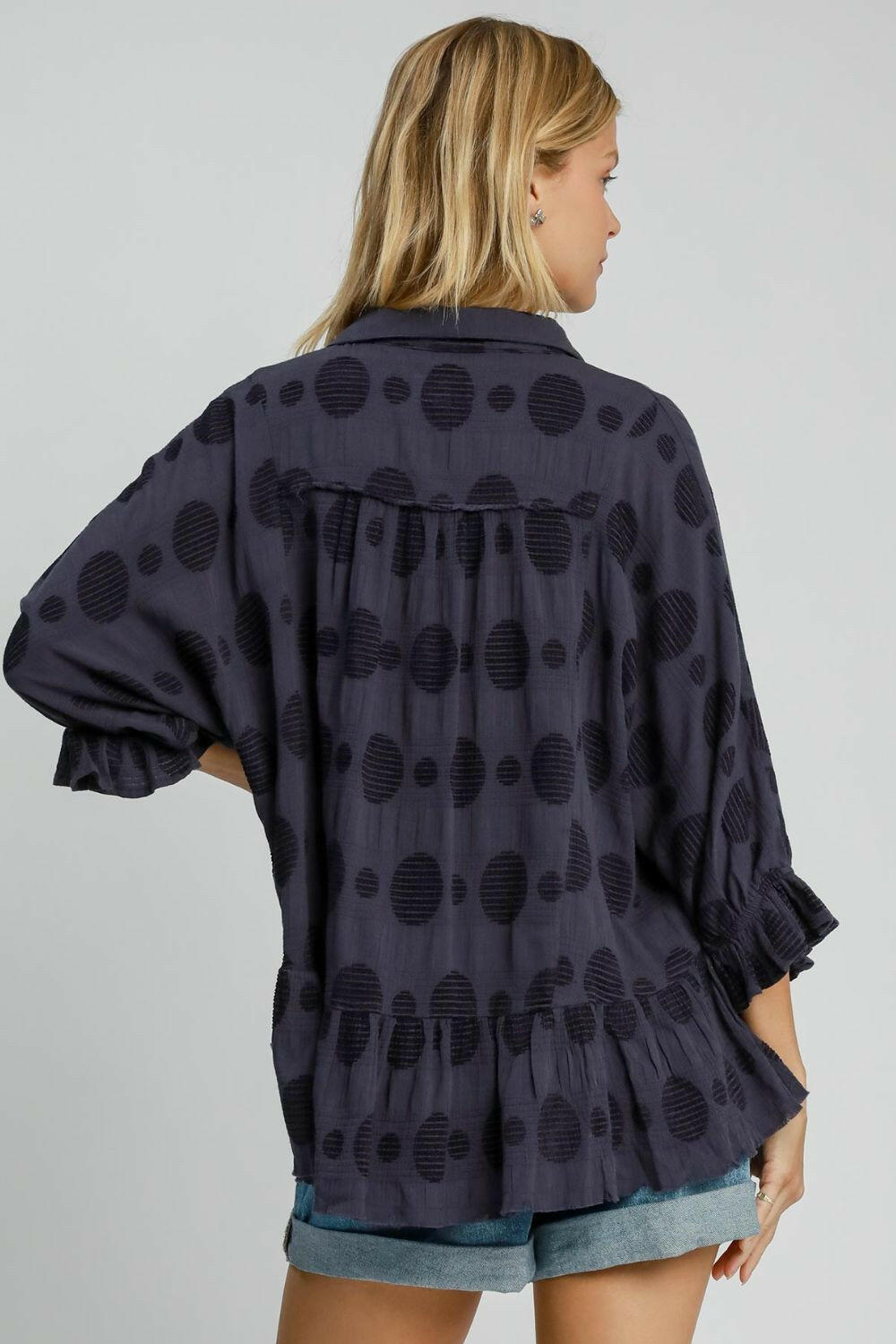 Umgee Full Size Swiss Dot Half Button Flounce Sleeve Blouse Plus Size - StyleLure