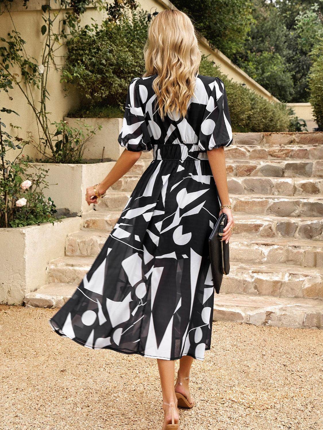 Devine Smocked Printed V-Neck Half Sleeve Midi Dress - StyleLure