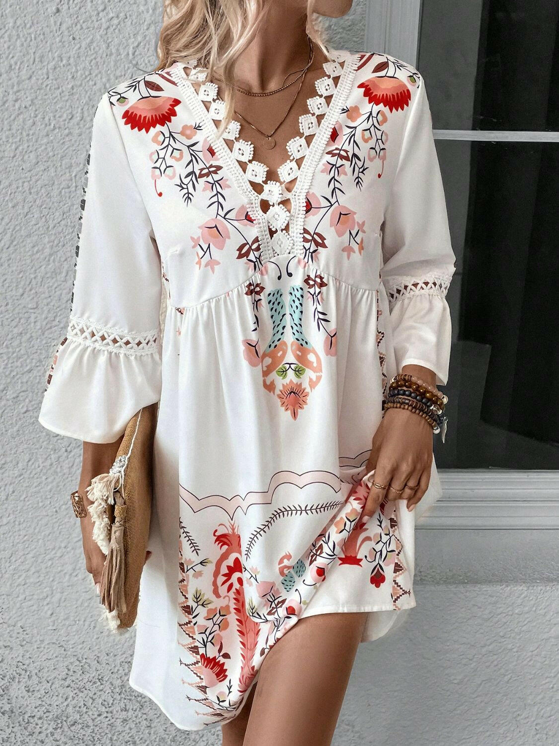 Lace Detail Printed Three-Quarter Sleeve Dress - StyleLure