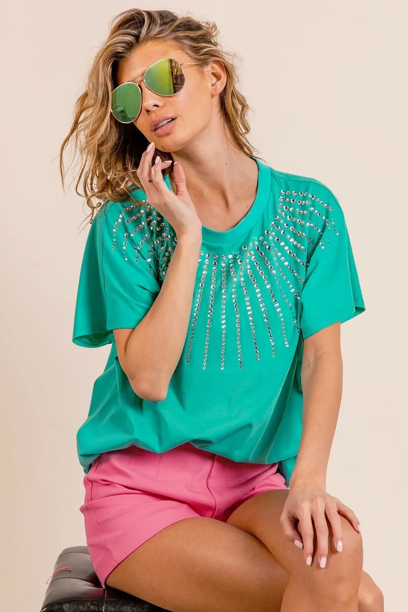 BiBi Rhinestone Beaded short sleeve green top with sparkling rhinestone embellishments and pink shorts on model