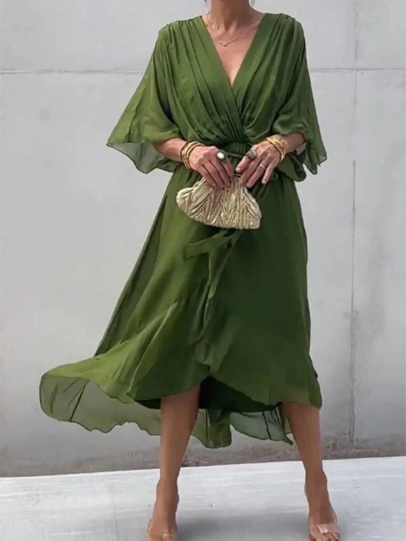 Plus size full size flowy tie front midi dress with flutter sleeves in olive green, belted high-low hem, made from 100% polyester.