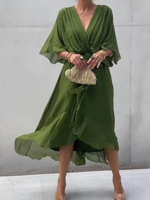 Plus size full size flowy tie front midi dress with flutter sleeves in olive green, belted high-low hem, made from 100% polyester.