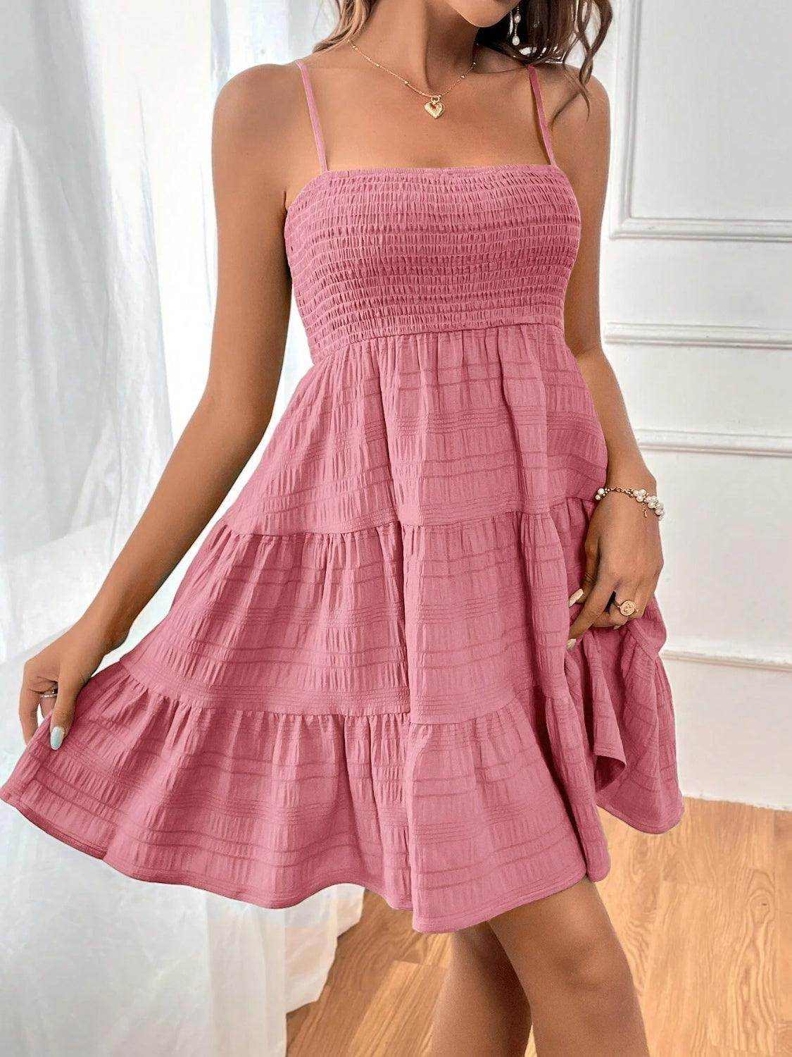 Smocked Tiered Sleeveless Mini Dress - StyleLure