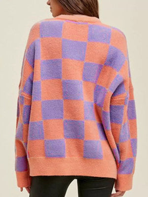 Checkerboard Chic Round Neck Sweater - StyleLure